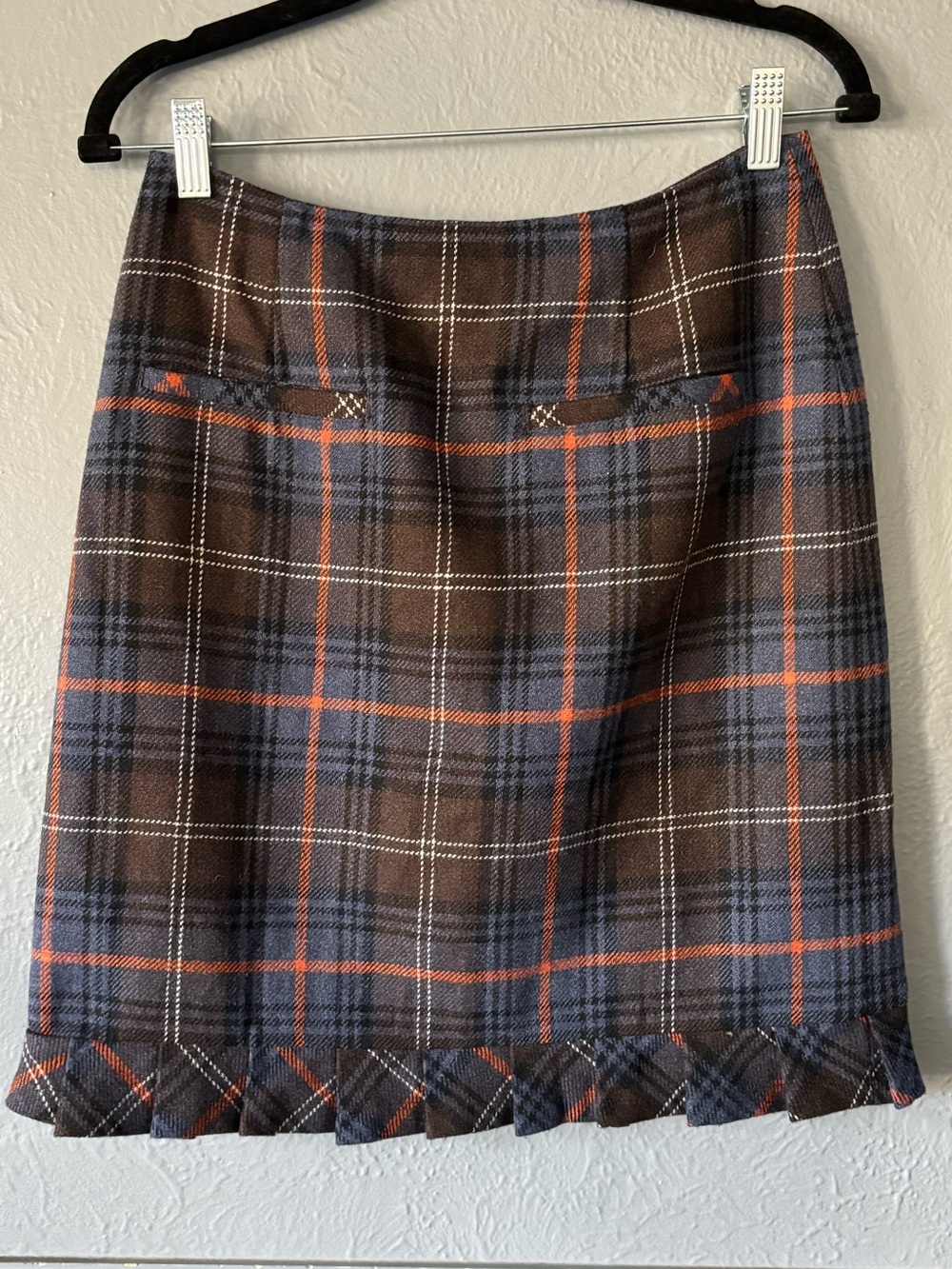 CAbi Wool Blend Plaid Ruffle Hem Skirt Size 6 Brown Blue Orange